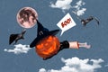 Composite creative photo strange unusual collage of witch arm hold funny evil pumpkin head fly with bats on sky