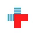 Composite cross medical logo red direction arrow and two blue squares from thin lines Royalty Free Stock Photo