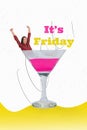 Composite 3D collage trend artwork sketch image of young clubber lady have rest it is friday weekend sit in huge martini Royalty Free Stock Photo