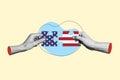 Composite design collage hands hold puzzle logic game connect pieces patriot protect democracy freedom usa isolated on