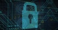 Composite of dots forming padlock, circle and circuit board pattern over motherboard