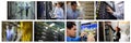 Composite of eight images with processors and technicians in tech room maintaining computer servers