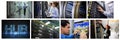 Composite of eight images with processors and technicians in tech room maintaining computer servers