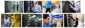 Composite of eight images with processors and technicians in tech room maintaining computer servers