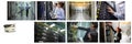 Composite of eight images with processors and technicians in tech room maintaining computer servers