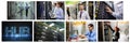Composite of eight images with processors and technicians in tech room maintaining computer servers