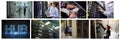 Composite of eight images with processors and technicians in tech room maintaining computer servers