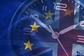 Composite of the EU and British flags with a clock