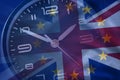 Composite of the EU and British flags with a clock
