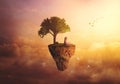 Composite fantasy background - Little girl sitting on floating island, throwing paper airplanes