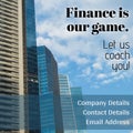 Composite of finance is our game, let us coach you, company, contact, email details over buildings