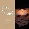 Composite of first sunday of advent text and lit candles on dark background Royalty Free Stock Photo