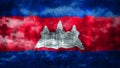 Composite of Flag of Cambodia and rain clouds. Symbolizing heavy rains, storms, typhoons and other bad weather in the country.