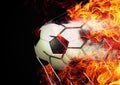 Composite flame effect on 3d rendering black and white patterned soccer ball breaking through the goal net Royalty Free Stock Photo