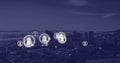 Composite of floating profile icons over drone short of cityscape against clear sky, copy space