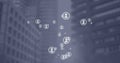 Composite of floating profile icons over modern skyscrapers in city, copy space