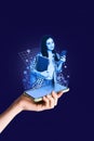 Composite futuristic hitech collage of young girl hold smartphone virtual hologram hold book browsing internet isolated