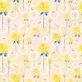 Geometric and floral vector seamless pattern. Yellow roses flowers and white circles on peachy background for textile