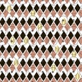 Geometric and floral vector seamless pattern. Coral pink, gold and black rhombus on White background Royalty Free Stock Photo