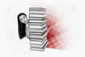 Composite graphics collage image of serious young girl librarian peek silence gesture stack book knowledge learn