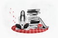 Composite graphics collage image of young girl student study air picnic stack book knowledge letters enlightenment plaid Royalty Free Stock Photo