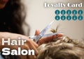 Composite of hair salon loyalty card text over caucasian man having hair cut in hairdresser\'s salon Royalty Free Stock Photo