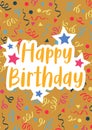 Composite of happy birthday text over party streamer pattern on brown background Royalty Free Stock Photo