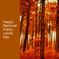 Composite of happy national public lands day text over autumn trees in park