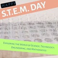 Composite of happy stem day text with empty test tubes in rack