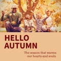 Composite of hello autumn text over african american couple with son and daughter autumn park