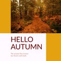 Composite of hello autumn text over autumn forest