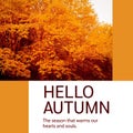 Composite of hello autumn text over autumn forest