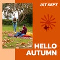 Composite of hello autumn text over happy diverse couple having picnic in autumn park