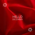 Composite of hello december text in white frames with star shape over red latex background