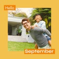 Composite of hello september text over asian father and son in garden