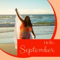 Composite of hello september text over asian woman on beach