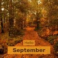 Composite of hello september text over autumn trees