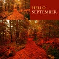 Composite of hello september text over autumn trees