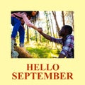 Composite of hello september text over biracial couple in forest