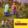 Composite of hello september text over caucasian boys in garden