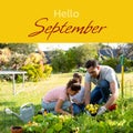 Composite of hello september text over caucasian father with son and daughter in garden