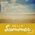 Composite of hello summer and have fun text and idyllic view of sandy beach against cloudy sky