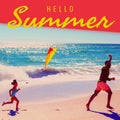 Composite of hello summer text and african american father and daughter with kites running at beach Royalty Free Stock Photo