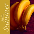 Composite of hello summer text and bunch of fresh bananas on table, copy space