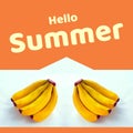 Composite of hello summer text and fresh bananas on white and peach background, copy space