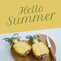 Composite of hello summer text and halved pineapple with knife and cutting board, copy space