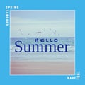 Composite of hello summer text over seagulls flying over beautiful seascape against sky