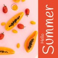 Composite of hello summer text and papayas with red and yellow cherry tomatoes, copy space Royalty Free Stock Photo