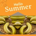 Composite of hello summer text and raw fresh bananas arranged on table, copy space