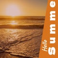 Composite of hello summer text and scenic view of seascape against clear sky during sunset